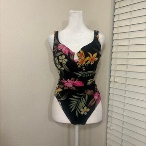 Miraclesuit one piece swimsuit sweetheart low back black floral tropical size 10